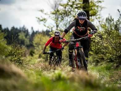 2 Mountainbiker in der Bikewelt Willingen, über Stock und Stein